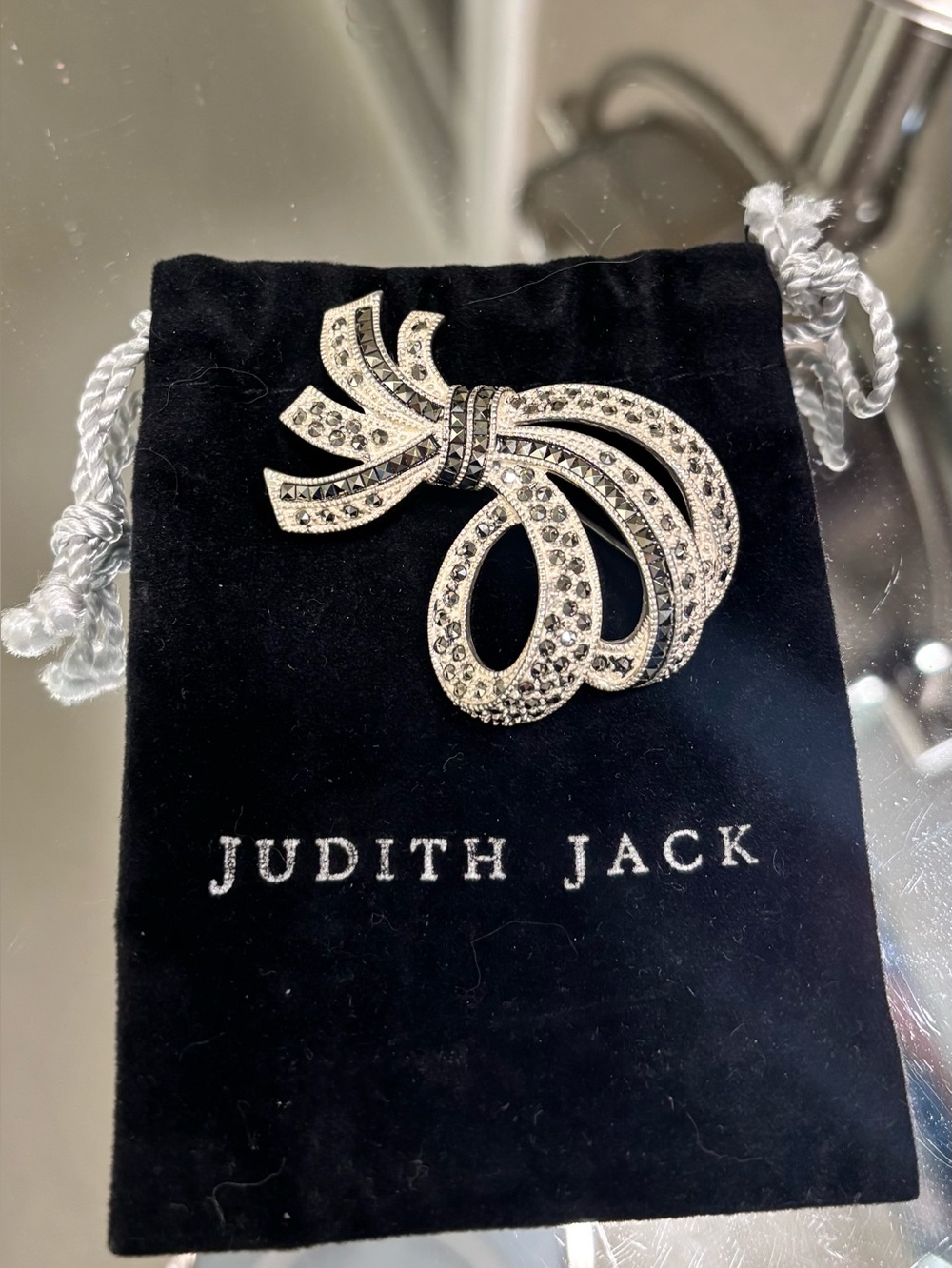 Judith Jack Vintage-Inspired Silver Ribbon Bow Brooch with Black Crystal Accents